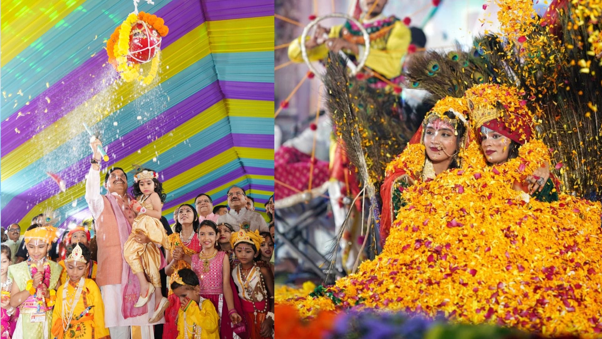 With infant Krishna in his lap and *makhan-mishri* in hand, the CM broke the *matki* (pot); the Janmashtami ce