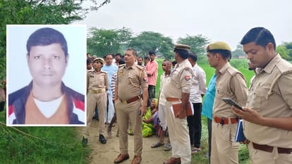 मृतक की फाइल फोटो और घटनास्थल पर जांच करती पुलिस