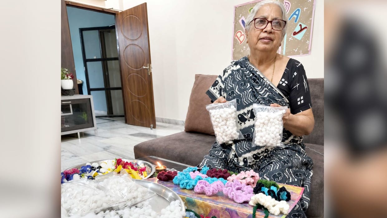 Spirit Gifting cotton wicks to temples and garlands to children Poonam found way to stay busy