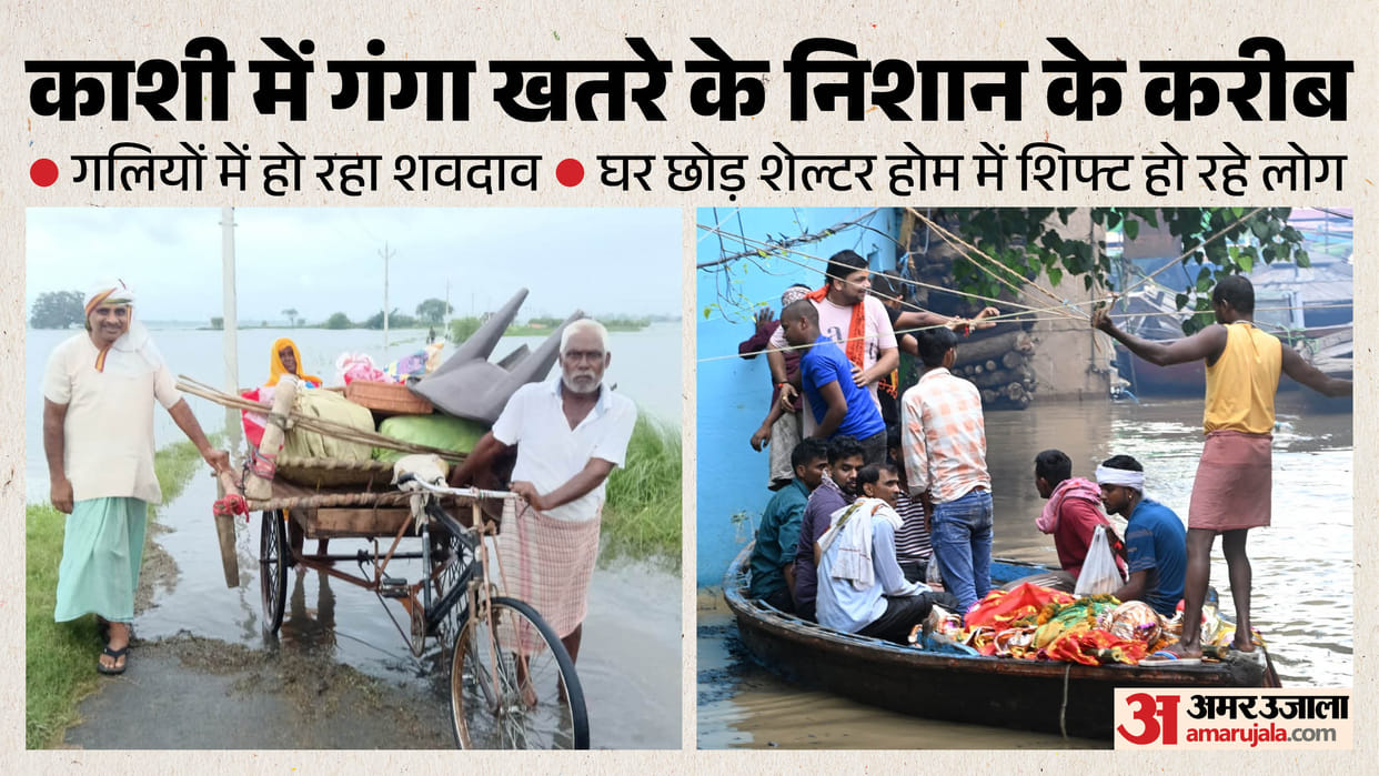 Impact of floods in Varanasi bodies transported by boat at Manikarnika Ghat 566 families have left their homes