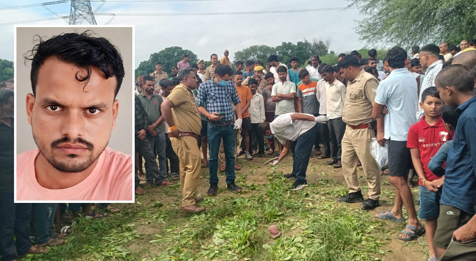 मृतक की फाइल फोटो और घटनास्थल पर लगी भीड़