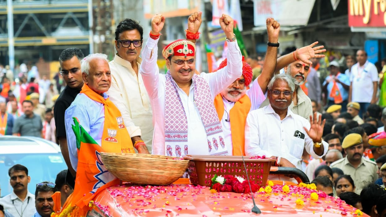 udaipur-bhajan-lal-sharma-road-show-rajasthan-municipal-election-corruption-paper-leak-triple-engine