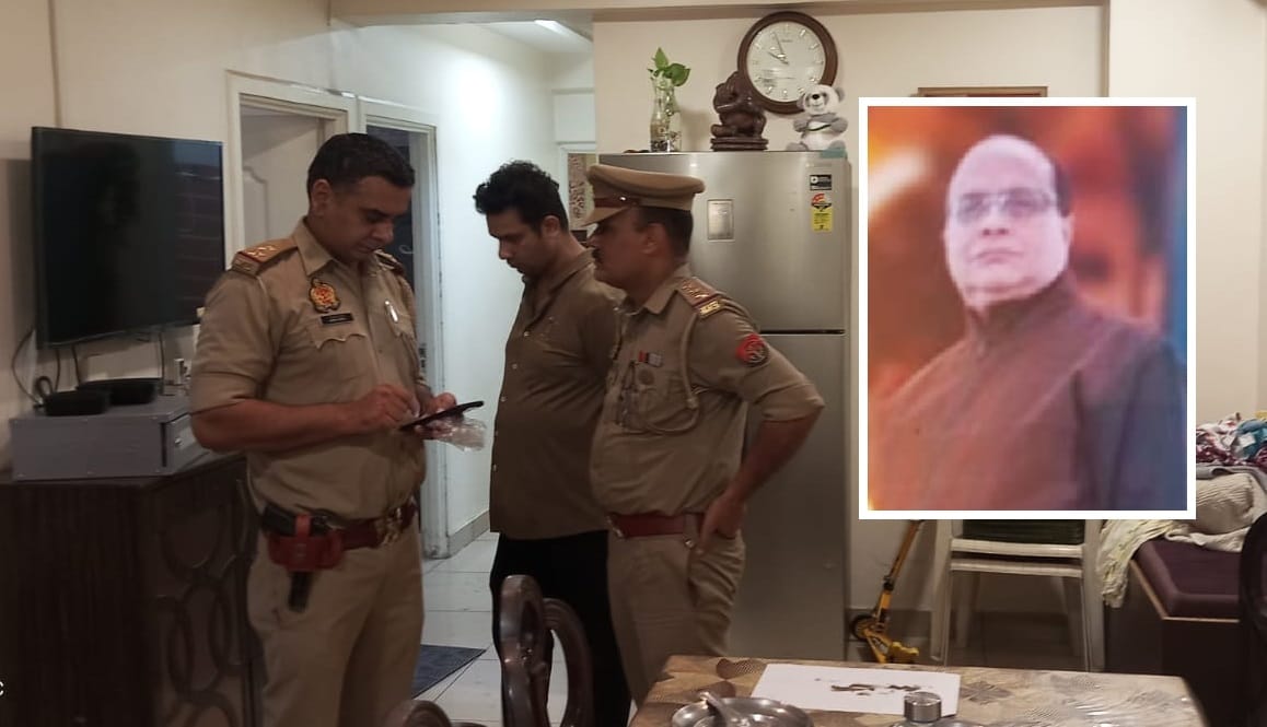 मृतक की फाइल फोटो और घटनास्थल पर जांच करती पुलिस