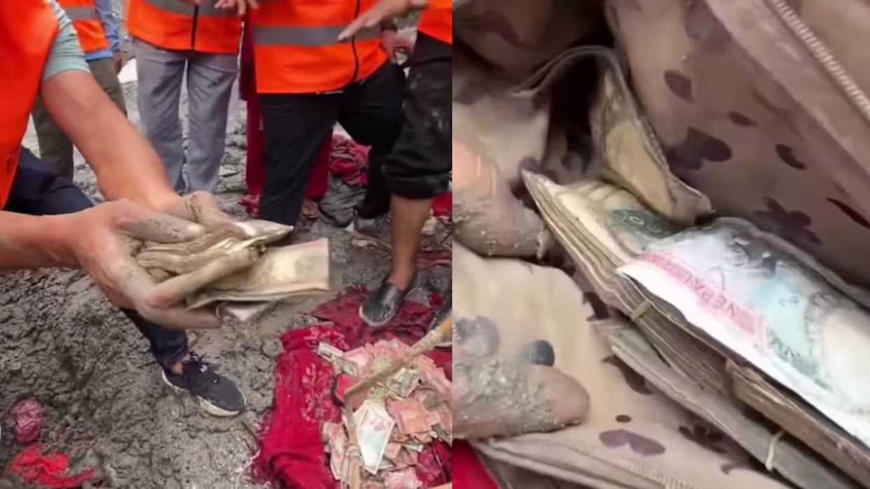 nepal flood cash bundles found debris viral videos