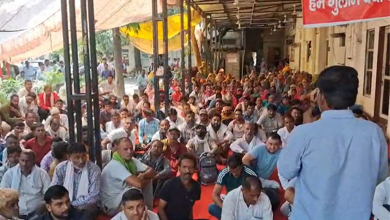 Protest in Gurugram on Tuesday against government action against municipal employees