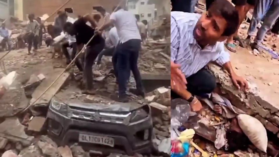 Delhi Building collapses When pulled out child holding book man trapped debris recorded video and sent it out