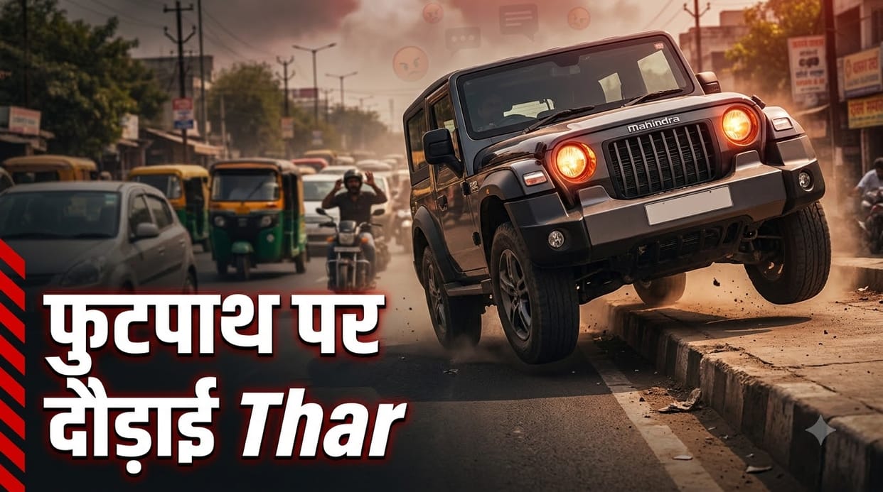 UP Man Drives Mahindra Thar on Footpath to Skip Traffic; Internet Slams Driver for Lack of Civic Sense