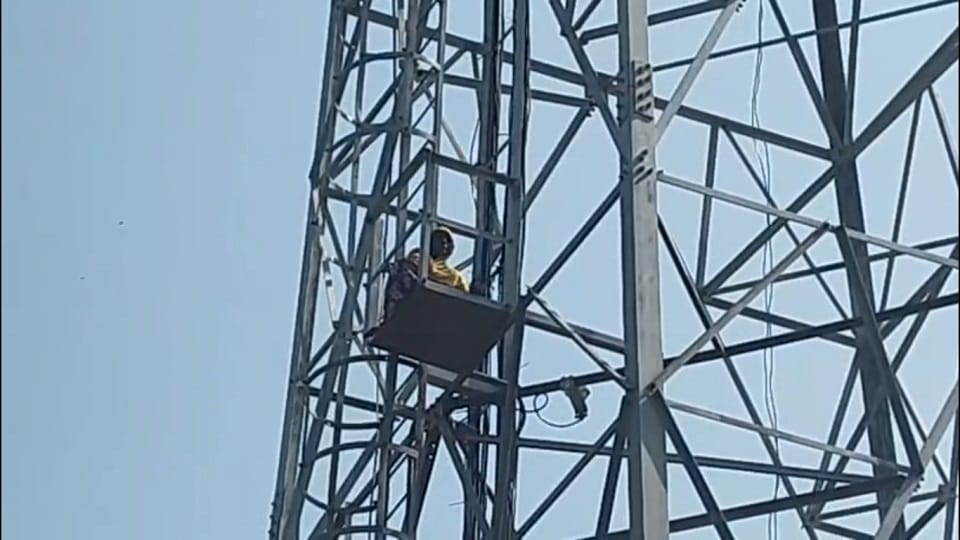 Woman climbs mobile tower in Kasganj