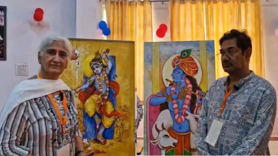 Depictions of Lord Krishna divine pastimes created at Shri Krishna National Art Workshop held at Gita Research