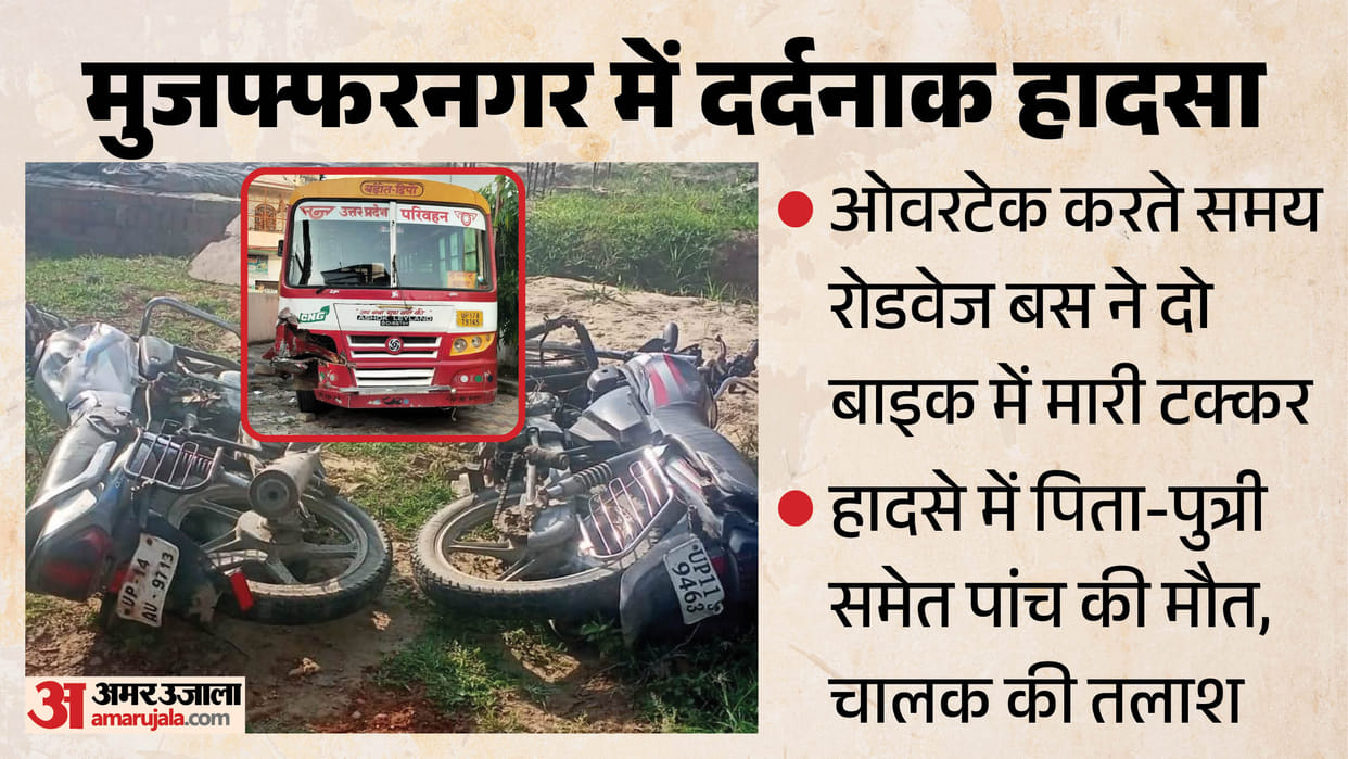 Muzaffarnagar Road accident Roadways bus hits two motorcycles while overtaking five dead