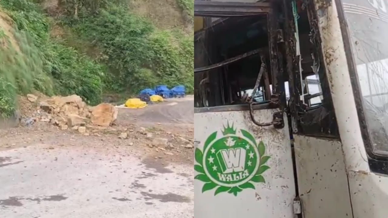 निजी बस पर गिरा मलबा।