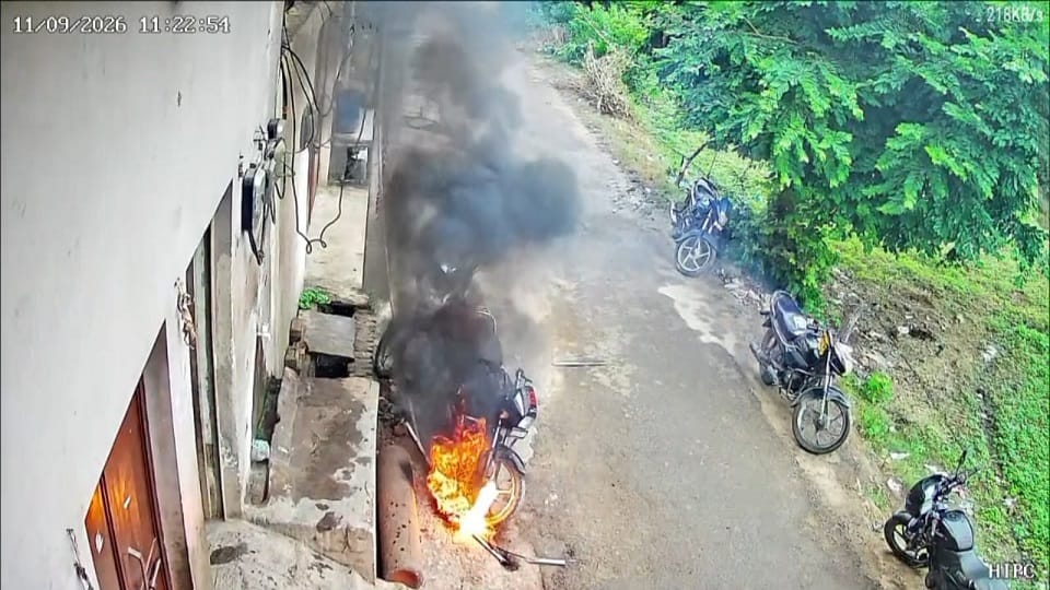 Bike burnt due to falling electric wire