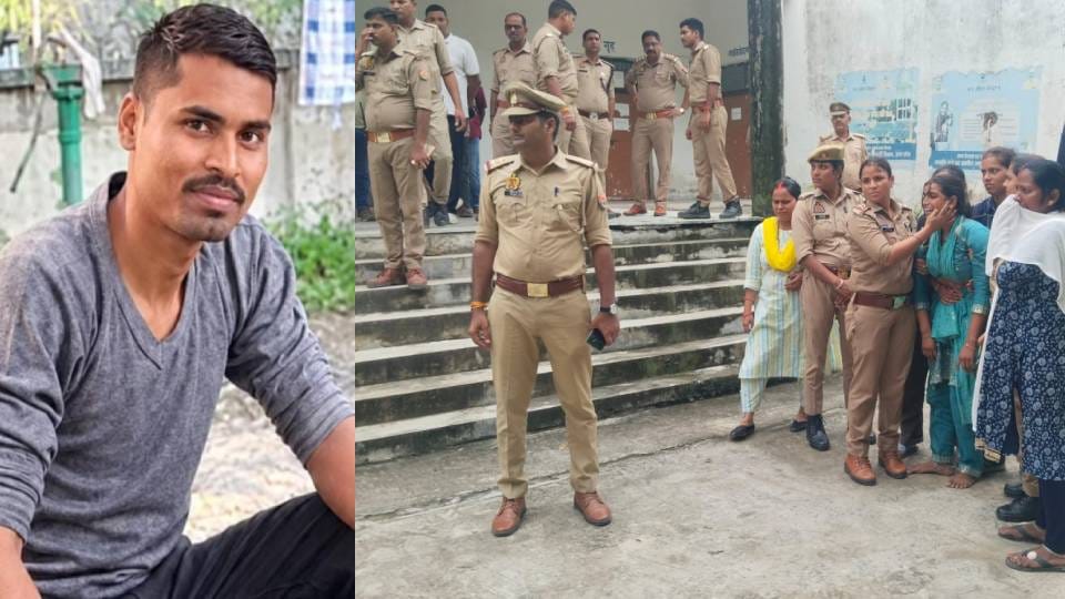 सिपाही संदीप की फाइल फोटो, पोस्टमार्टम हाउस पर विलाप करतीं पत्नी रंजना।