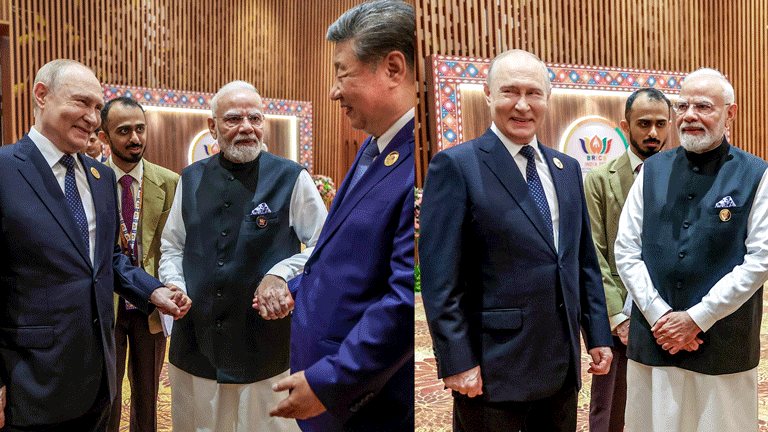ब्रिक्स सम्मेलन के दौरान पीएम मोदी के साथ जिनपिंग-पुतिन के हल्के पल।