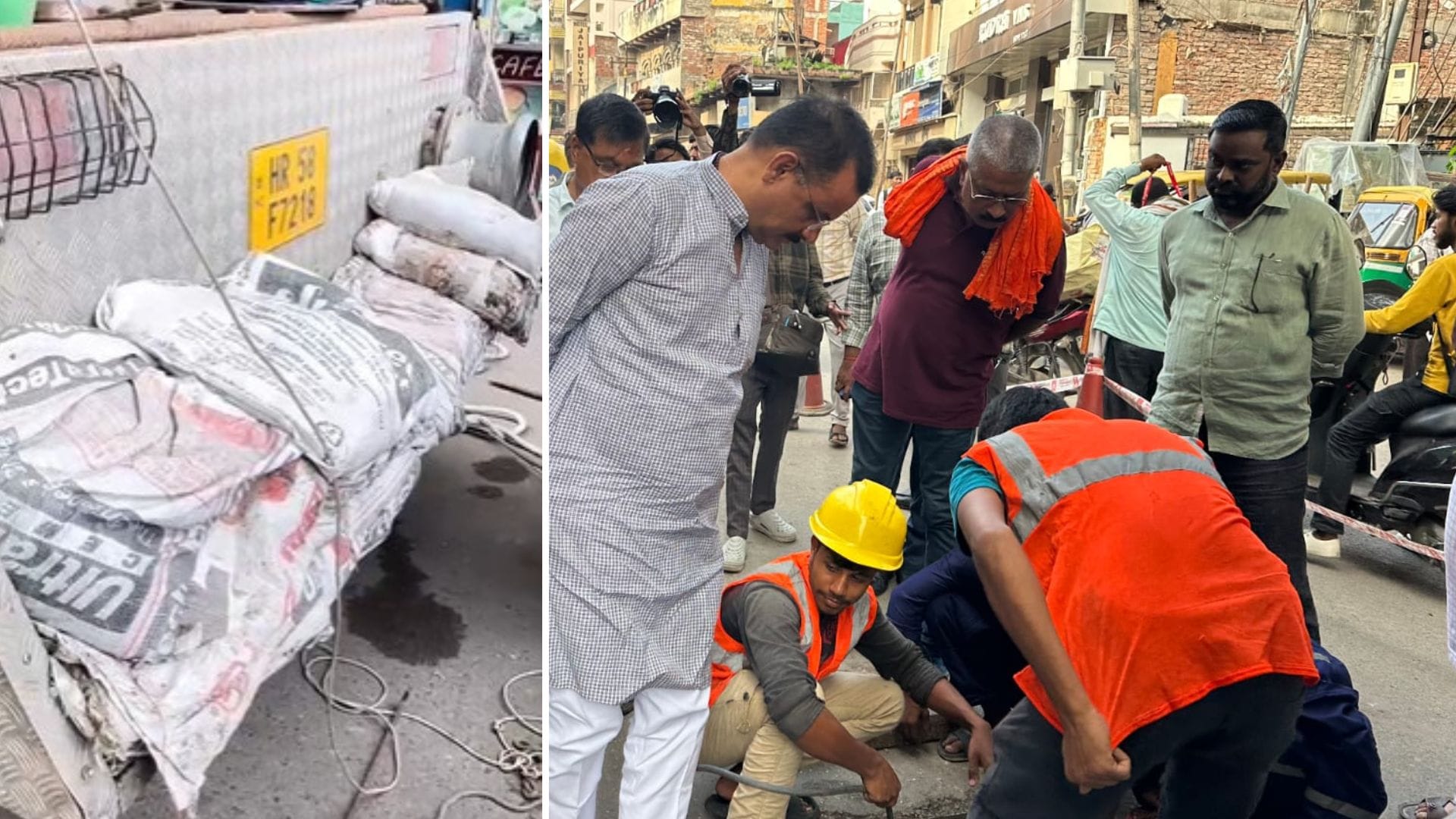 कर्मचारियों से बोरियां निकलवाते मेयर।