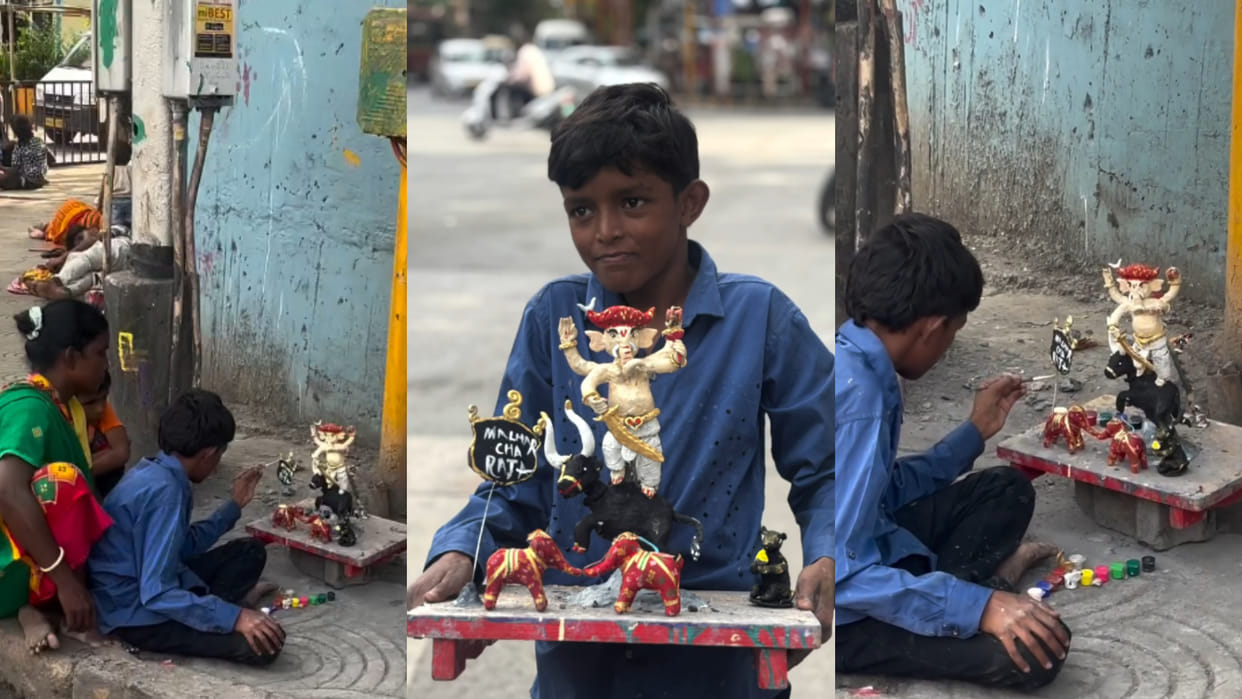 A young boy living in roads made smallest ganesh pandal on the pavement viral video