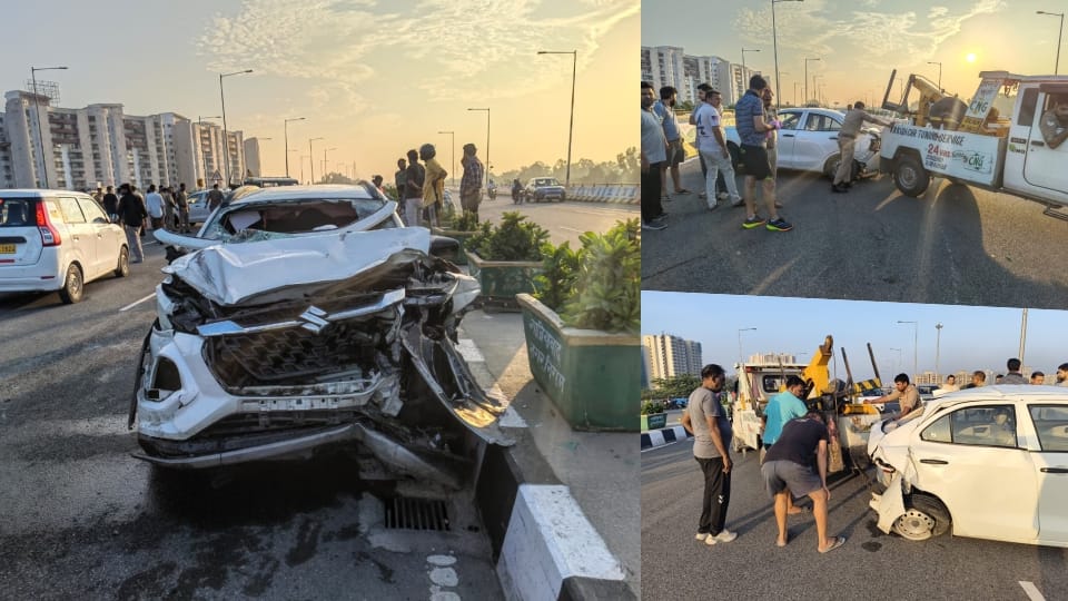 Speeding car rams into WagonR on elevated road