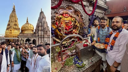 Hemang Joshi garlanded BJYM National President visits Kashi for first time offers prayers Vishwanath Temple