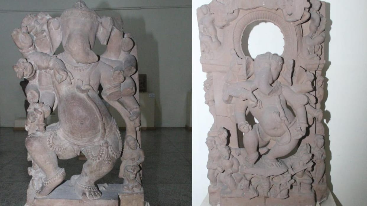 Two unique forms of Ganesha at the Jhansi Museum: one statue depicts a 14-armed dancing Ganesha