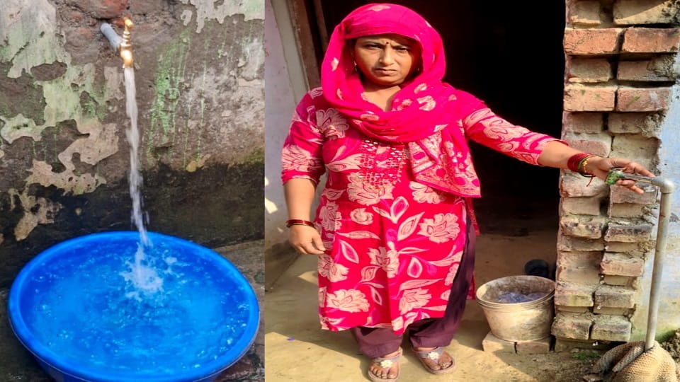 पेयजल आपूर्ति  बहाल होने के बाद नल से आता पानी