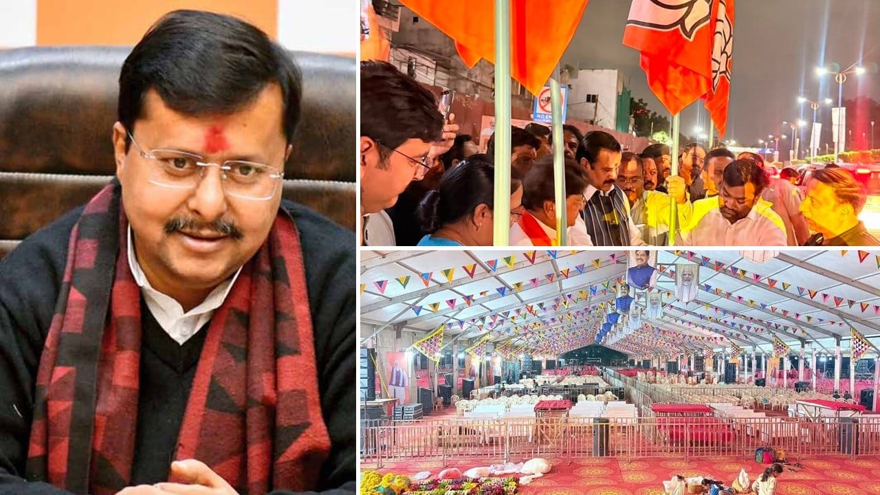 इंदौर में नितिन नवीन के लिए तैयार किया कार्यक्रम स्थल।