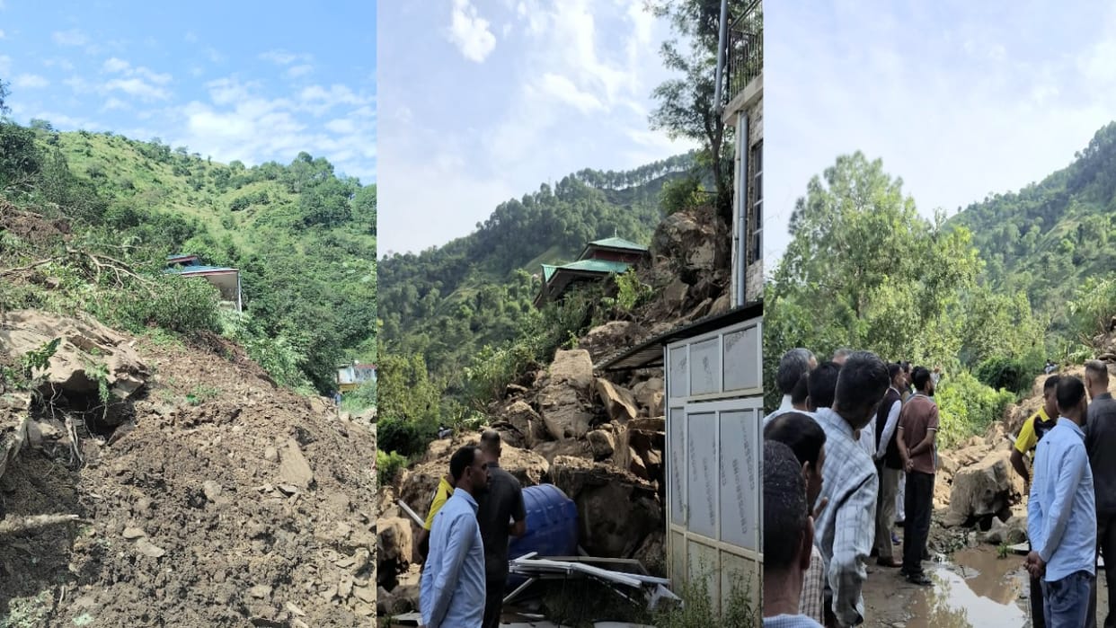 Mandi: Massive landslide near Churdh School in Sundernagar; two three-storey houses damaged.