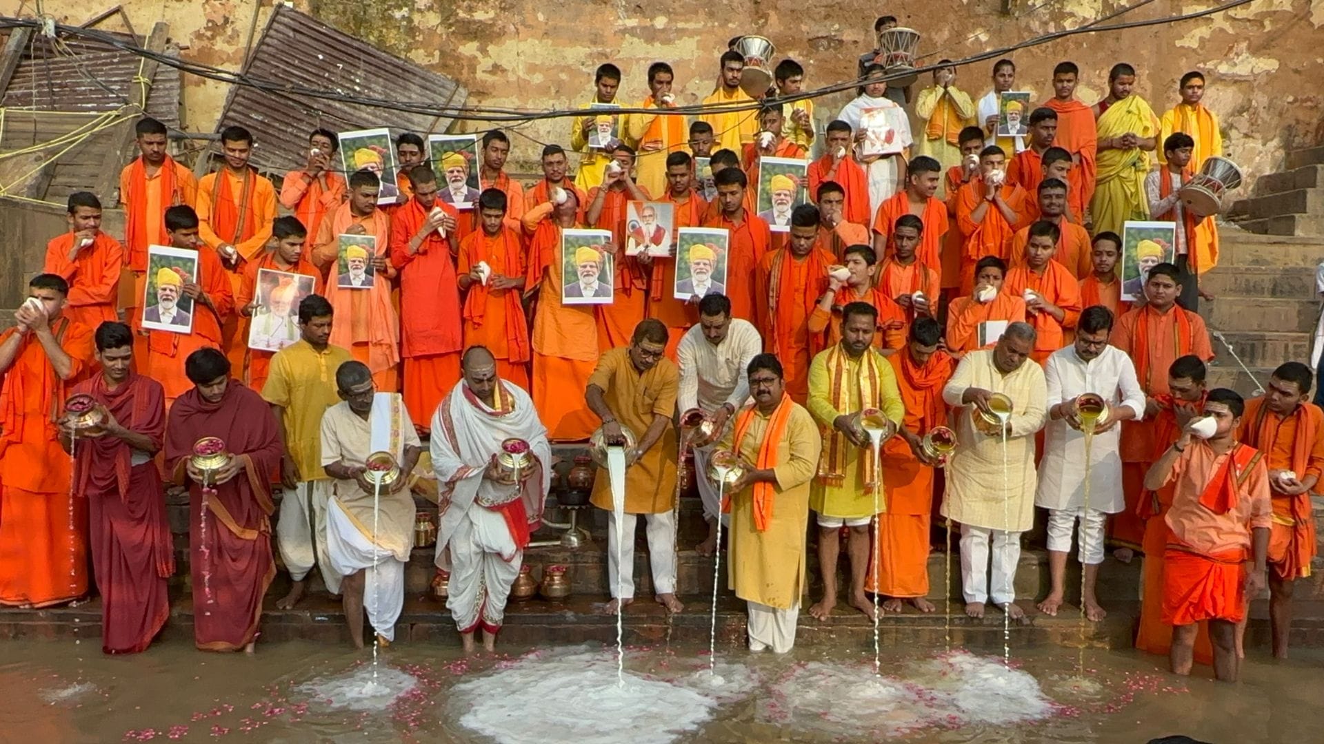 PM Modi birthday celebration in varanasi latest photos 76 people performed milk anointment of maa Ganga