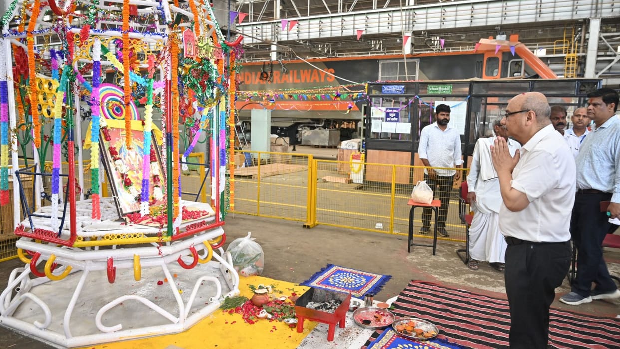 Vishwakarma Jayanti Worship deity of craftsmanship performed factory machinery using golden tools