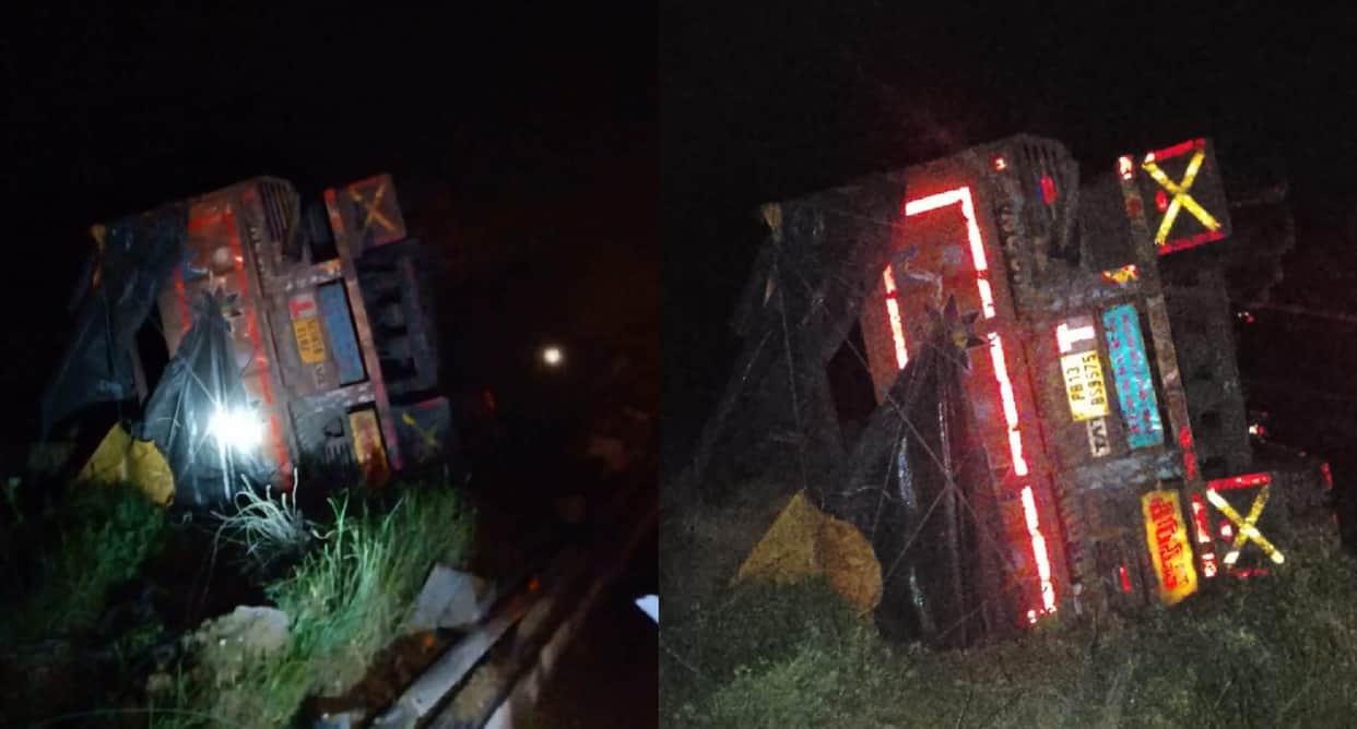 Kannauj Truck goes out of control after driver dozes off  plunges into ditch driver and helper injured