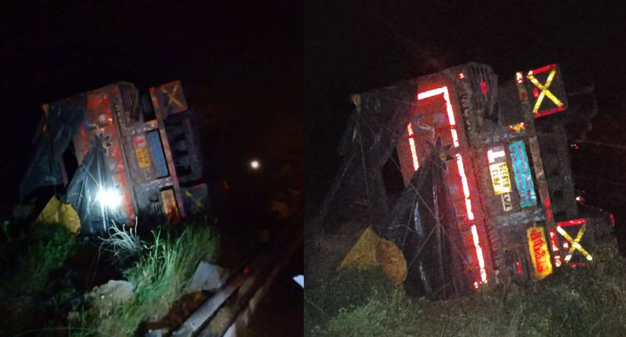 Kannauj Truck goes out of control after driver dozes off  plunges into ditch driver and helper injured