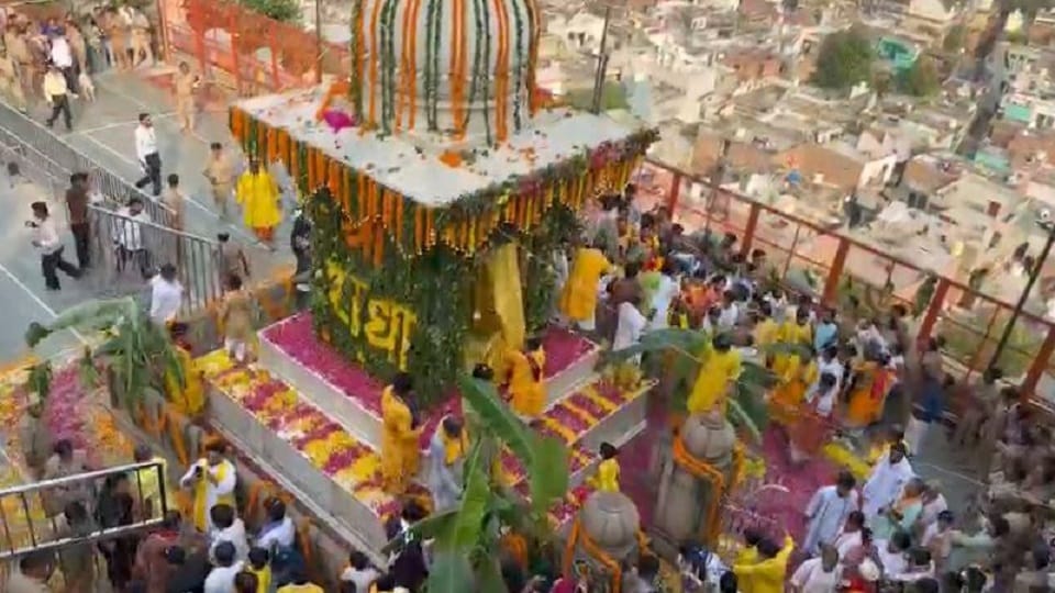 Radharani was seated under white canopy at Ladliji Temple in Barsana on ocassion of radhashtami