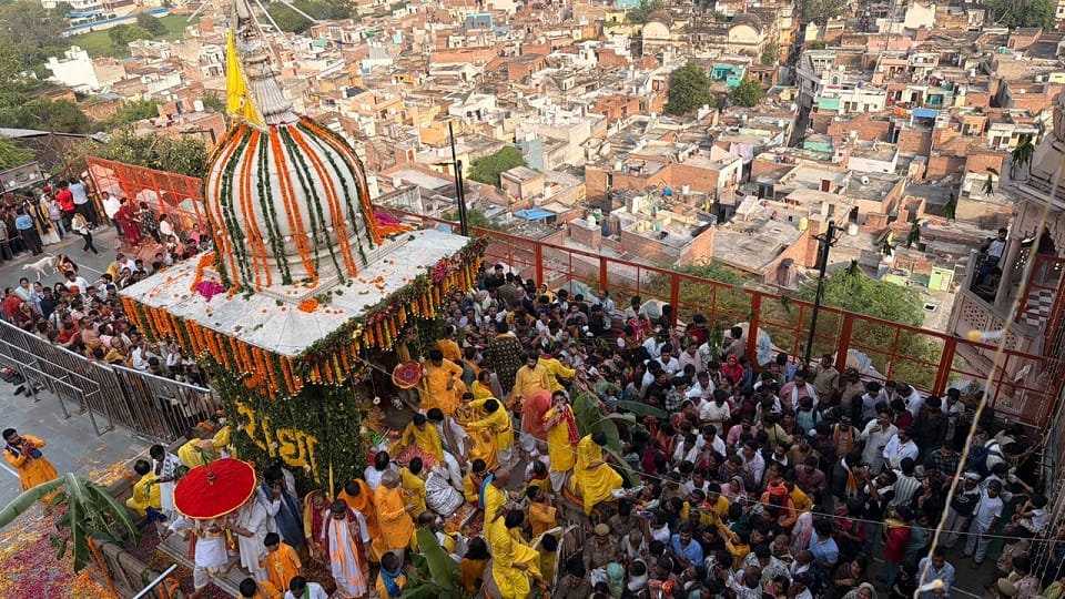 Radharani was seated under white canopy at Ladliji Temple in Barsana on ocassion of radhashtami