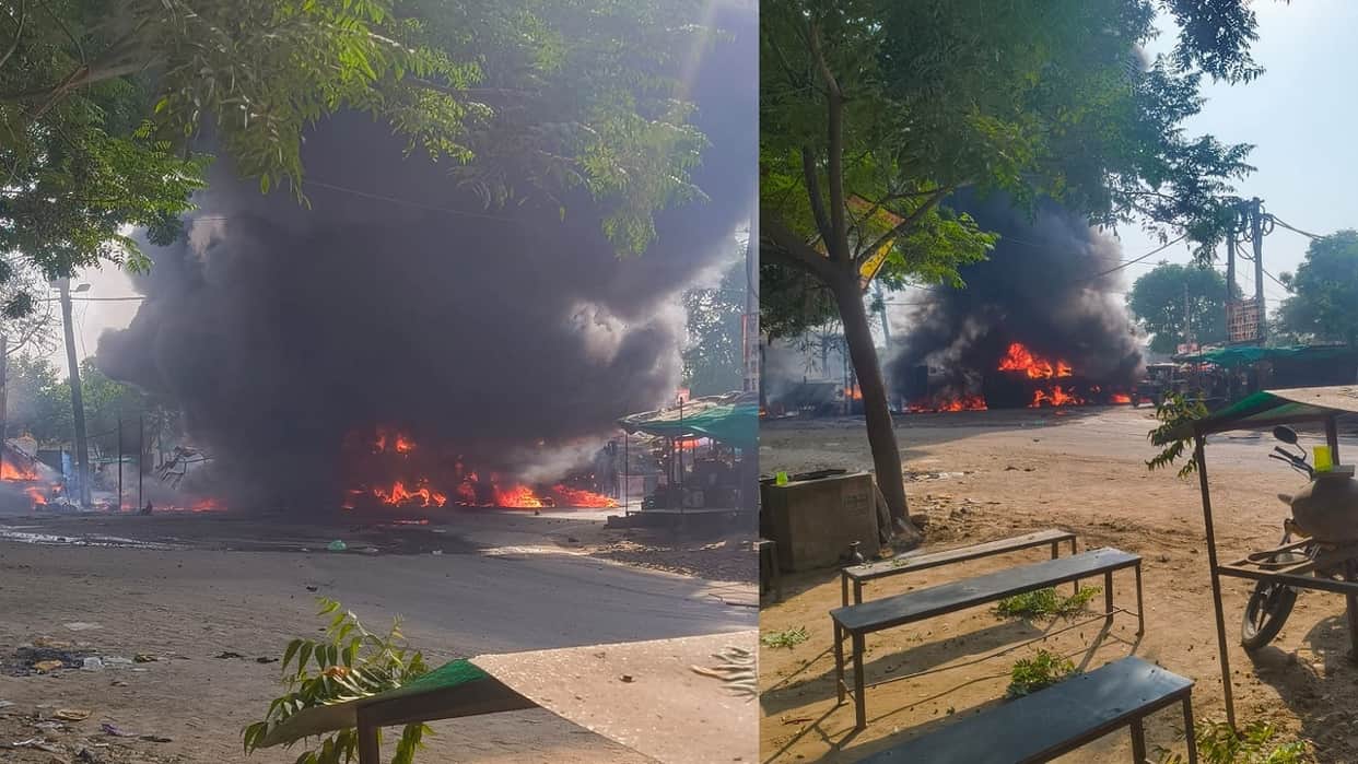 Massive fire breaks out in chemical-laden truck in Bhiwani; several shops and street carts reduced to ashes