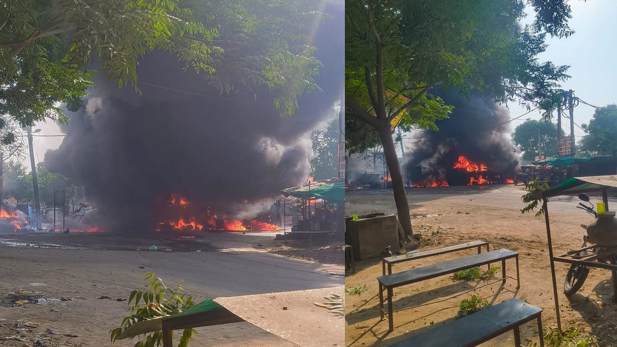 Massive fire breaks out in chemical-laden truck in Bhiwani; several shops and street carts reduced to ashes