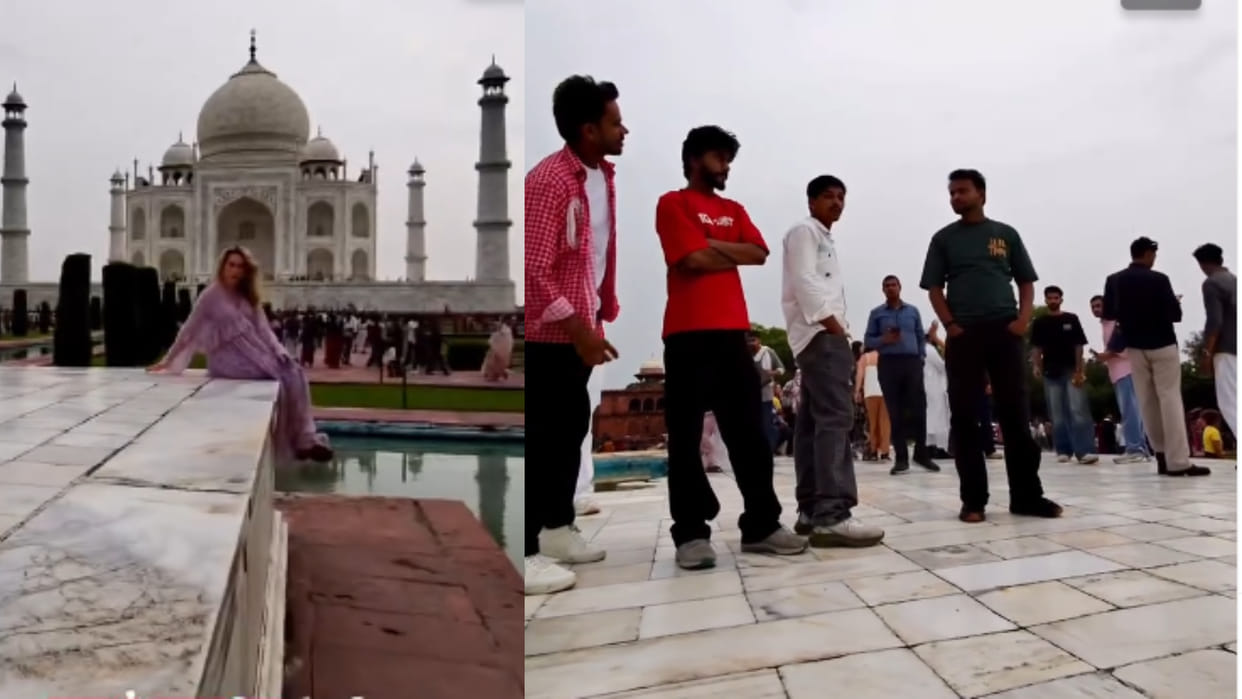 Taj mahal arrived foreign woman a crowd swarmed him video goes viral on internet