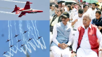 मेरठ में लक्ष्मीकांत वाजपेयी के साथ सूर्य किरण एयर शो देखते रक्षा राज्यमंत्री संजय सेठ