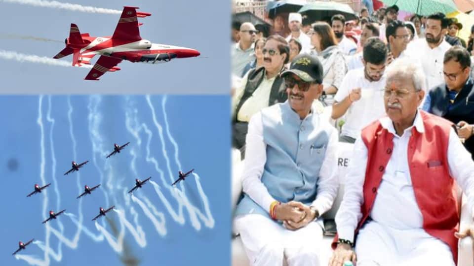 मेरठ में लक्ष्मीकांत वाजपेयी के साथ सूर्य किरण एयर शो देखते रक्षा राज्यमंत्री संजय सेठ