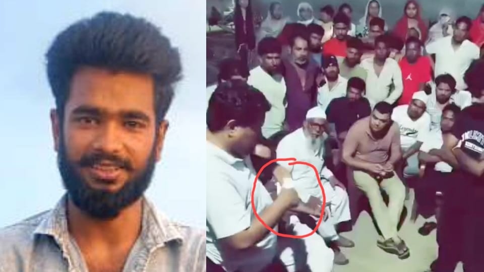 आरिश की फाइल फोटो और पंचायत में तलाक के कागजात फाड़ता युवक।