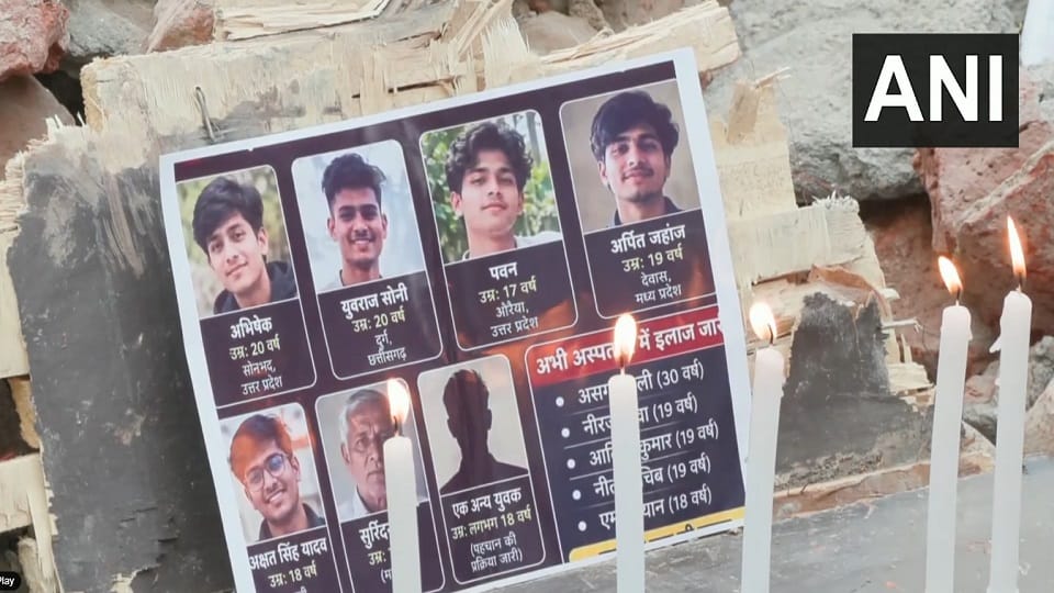 Satya Niketan tragedy DUSU officials visit building collapse site pay tribute to students who lost their lives