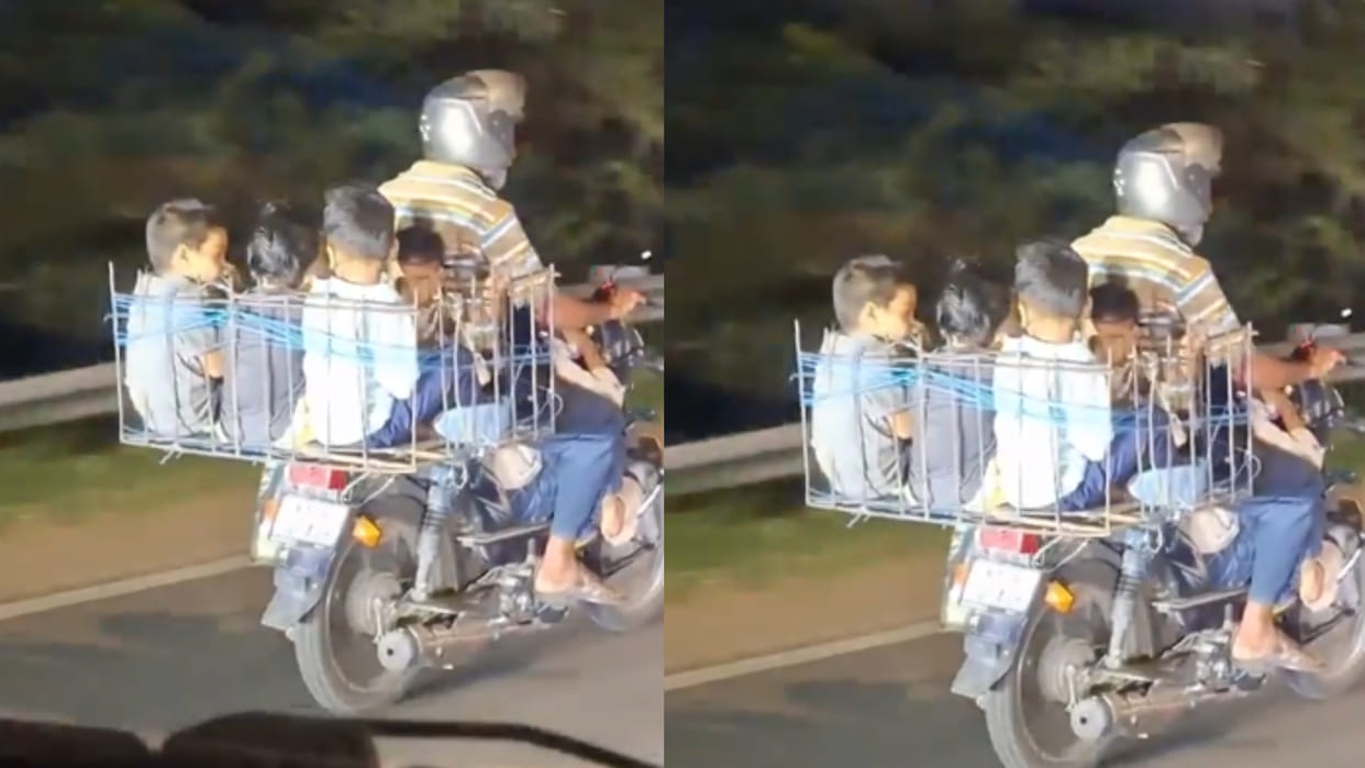 Karnataka man carrying six children on bike road safety viral video