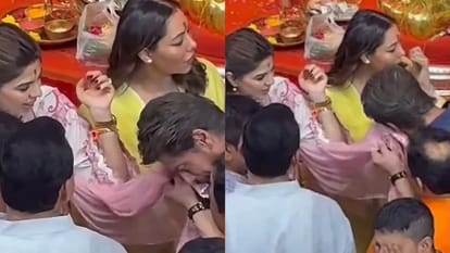 Shah rukh khan wiped sweat with His manager pooja dadlani dupatta at famous Lalbaugcha Raja video viral