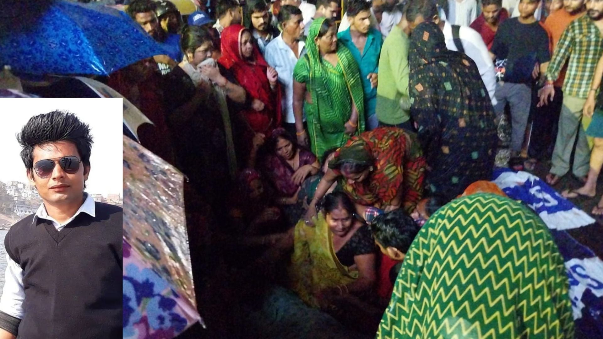 अनुज पटेल की फाइल फोटो और चक्काजाम करते लोग।