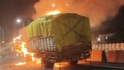 Kanpur: Fire breaks out in a DCM truck loaded with peanuts