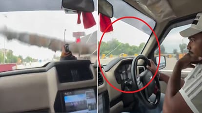 लाल घेरे में टूटी हुई विंडशील्ड और कार चालक