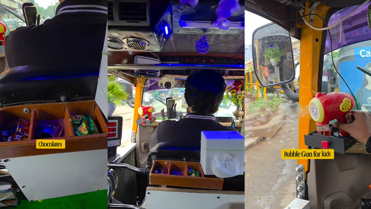 Auto rickshaw with cctv chocolates water sanitizer bubble gun passenger compared to bmw viral video