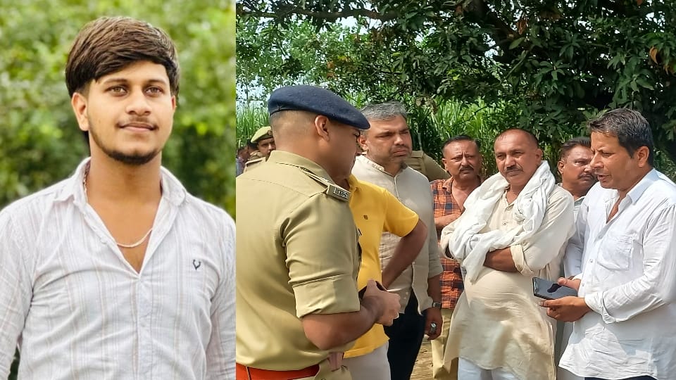 रोहन की फाइल फोटो और उसके पिता से बात करती पुलिस।