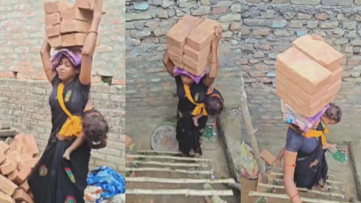 viral mother attaches baby to herself with dupatta and carries bricks viral video leaves everyone emotional