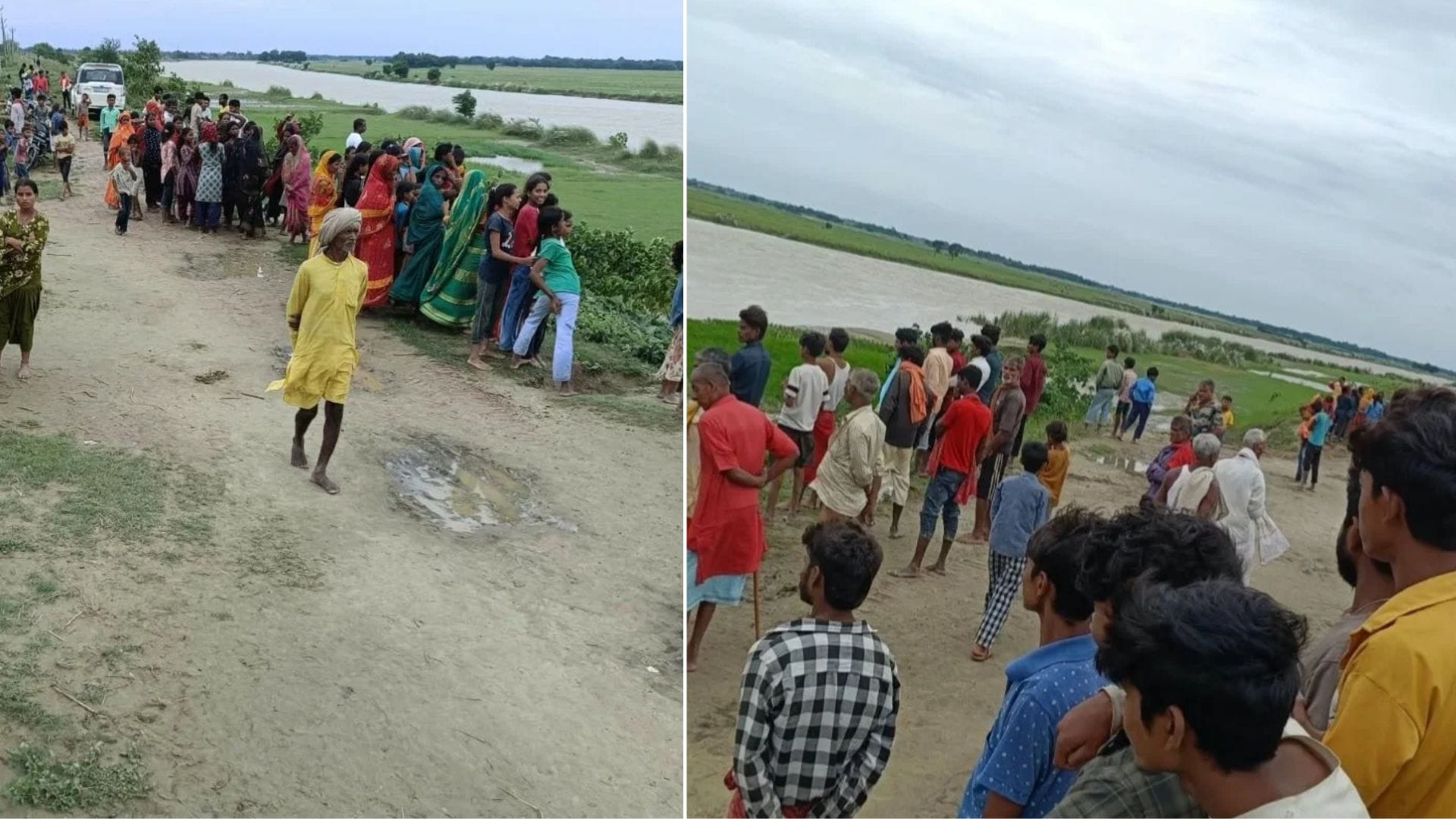 नाव पलटने के बाद मौजूद भीड़