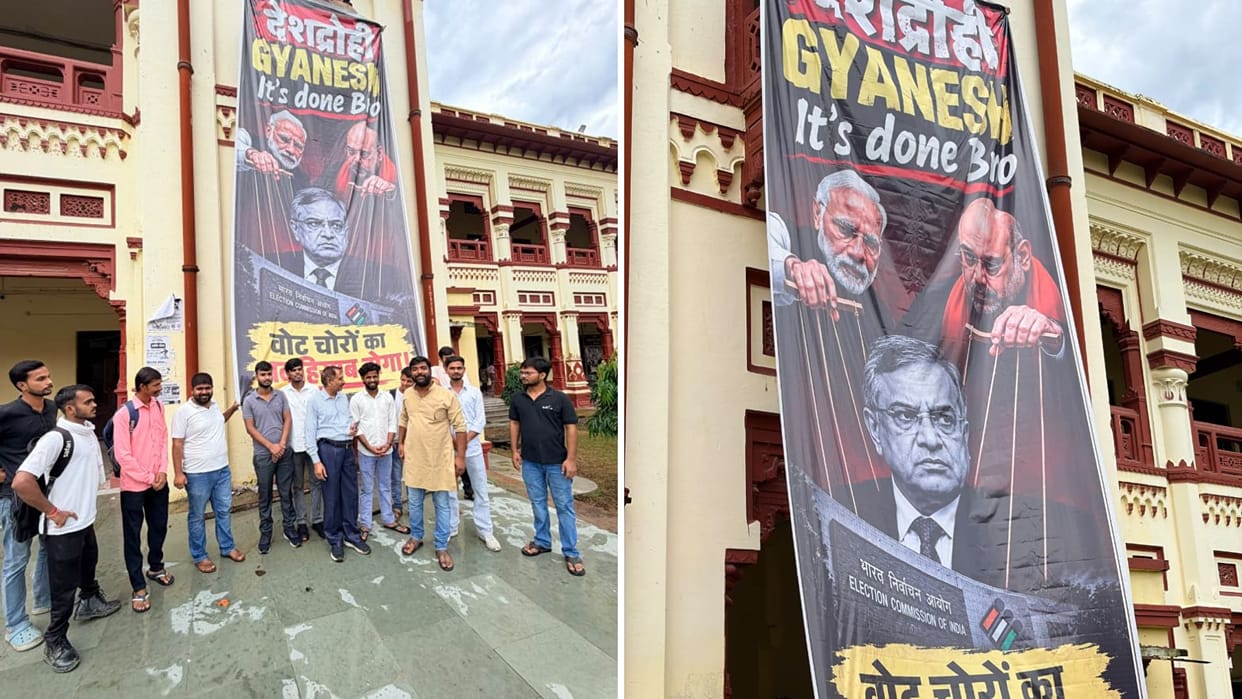 Gyanesh Kumar labeled puppet Posters put up BHU varanasi NSUI claims Modi and Shah control EC