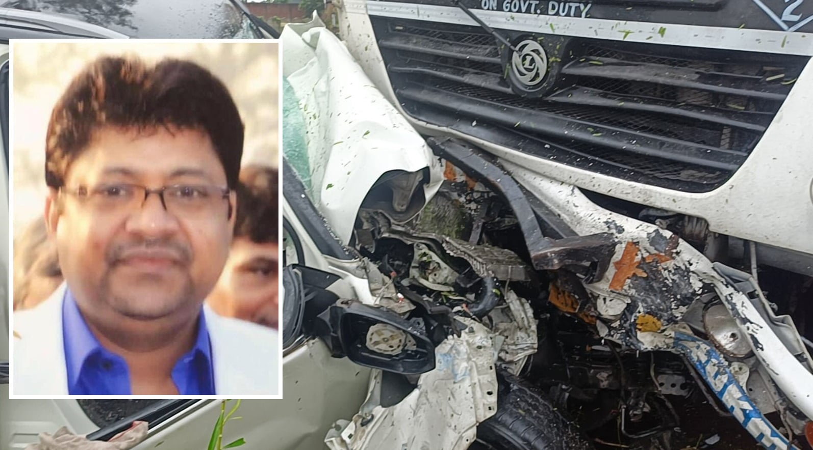 मृतक की फाइल फोटो और क्षतिग्रस्त वाहन